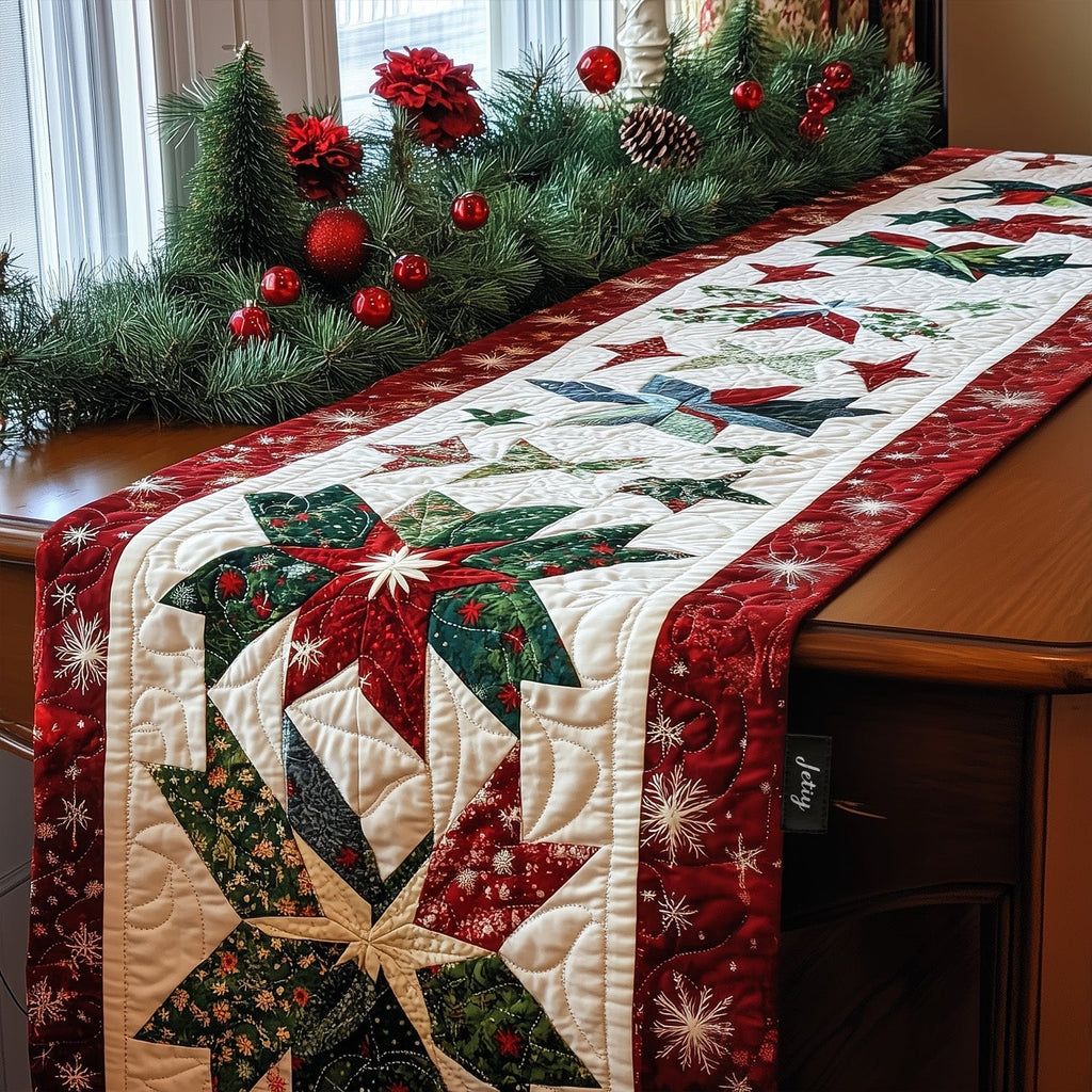 Poinsettia Stars quilted table runner – poinsettia stars on cream