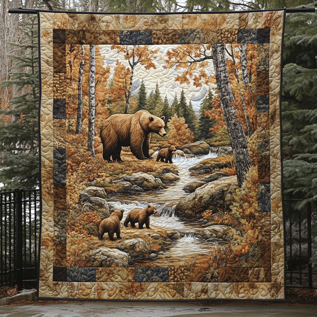Bears in the Autumn Woods quilted throw – brown bears by an autumn stream