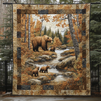 Bears in the Autumn Woods quilted throw – brown bears by an autumn stream
