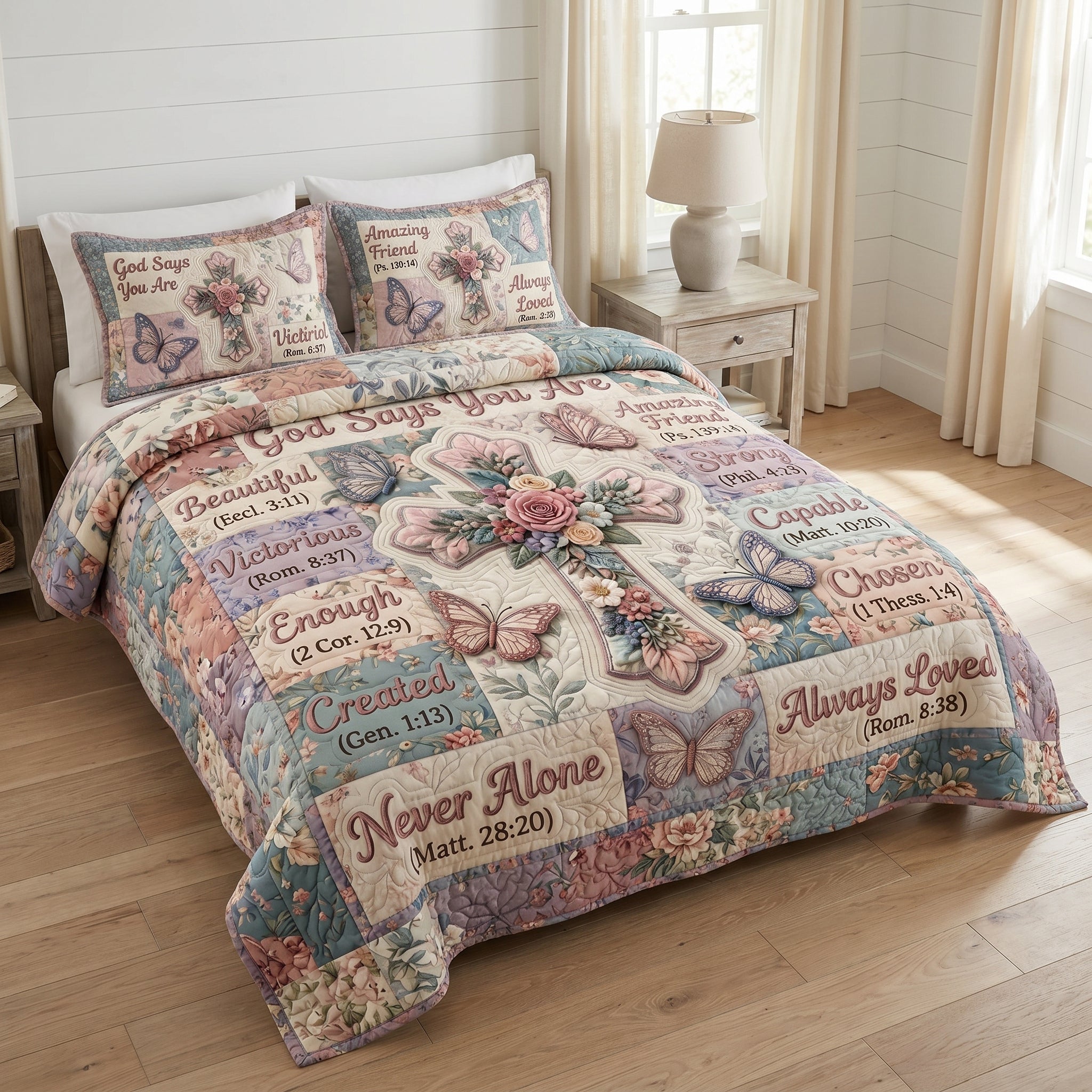 The Scripture and Flowers quilted bedspread set on a made bed