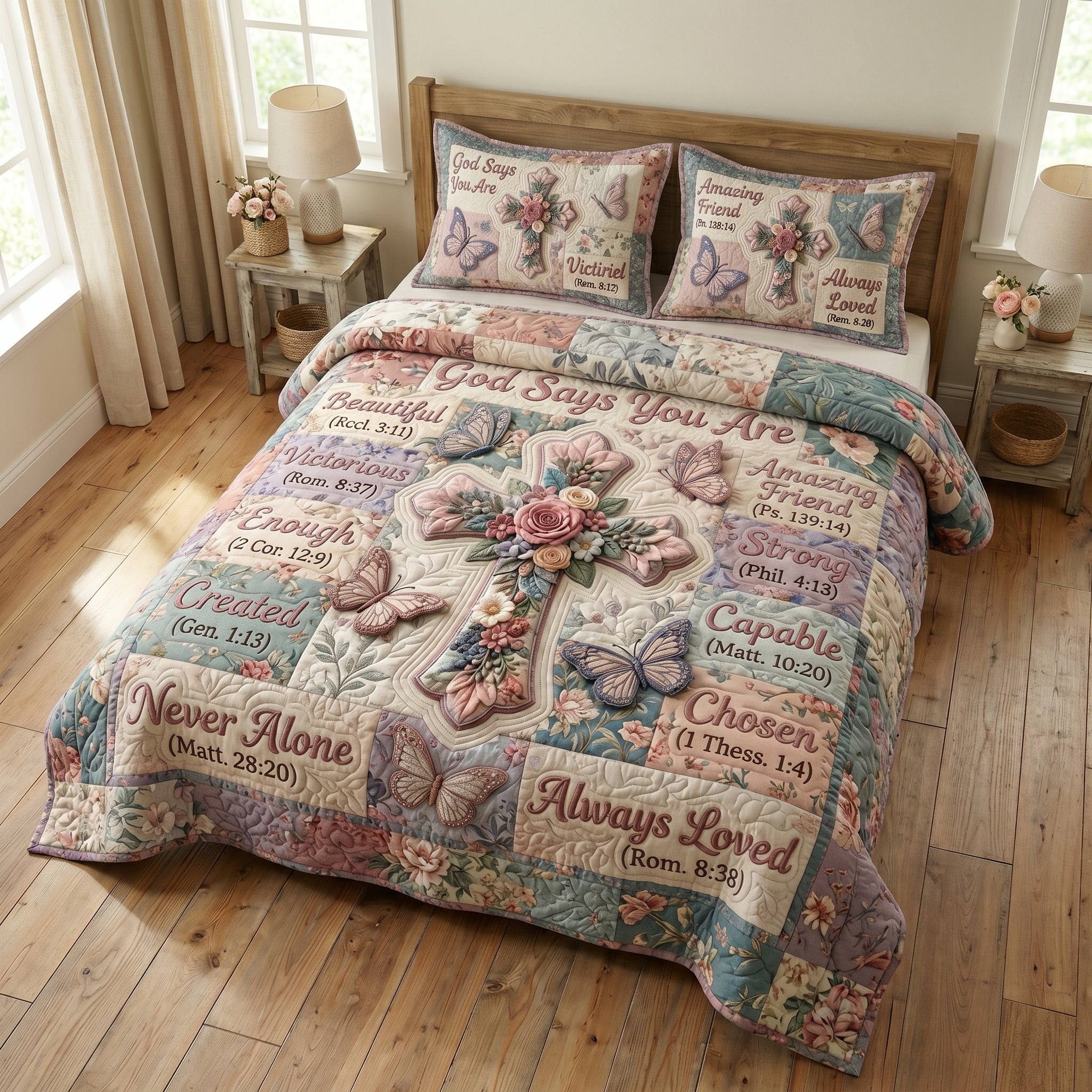 Two matching pillow shams from the Scripture and Flowers quilted bedspread set