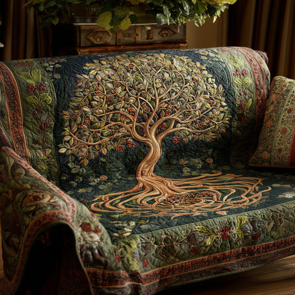 Golden Thread Tree quilted sofa cover – golden tree on deep green