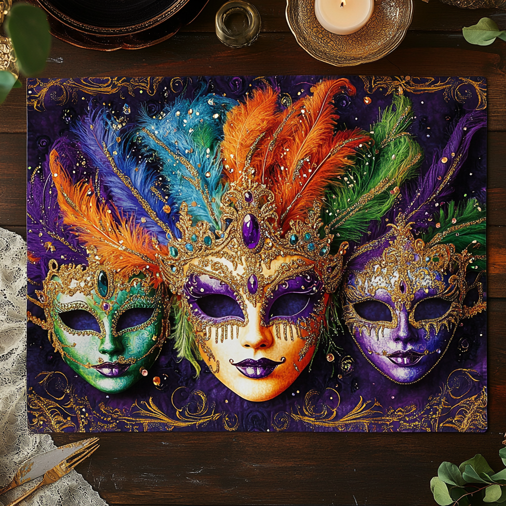 Velvet Night quilted placemats – three feathered masks