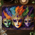 Velvet Night quilted placemats – three feathered masks