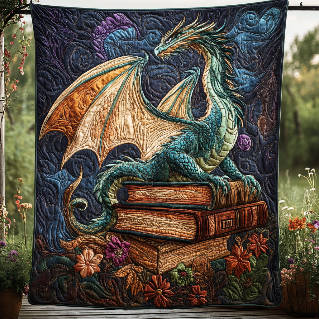 Green Dragon and Books quilted throw – green dragon on books among flowers
