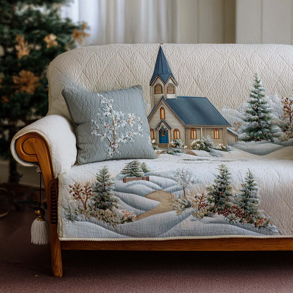 Snowy Chapel quilted sofa cover – chapel among snowy pines