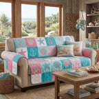 Pastel Shell Patchwork quilted sofa cover – shells in pink and aqua patchwork