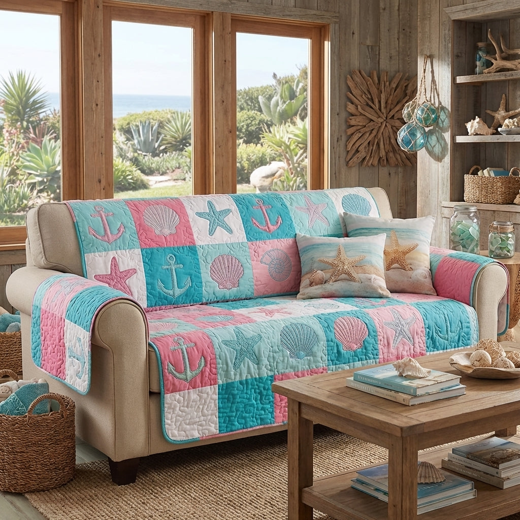 Pastel Shell Patchwork quilted sofa cover – shells in pink and aqua patchwork