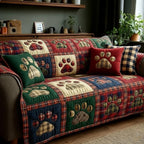 Tartan Paw and Heart quilted sofa cover – paw prints with green and red tartan
