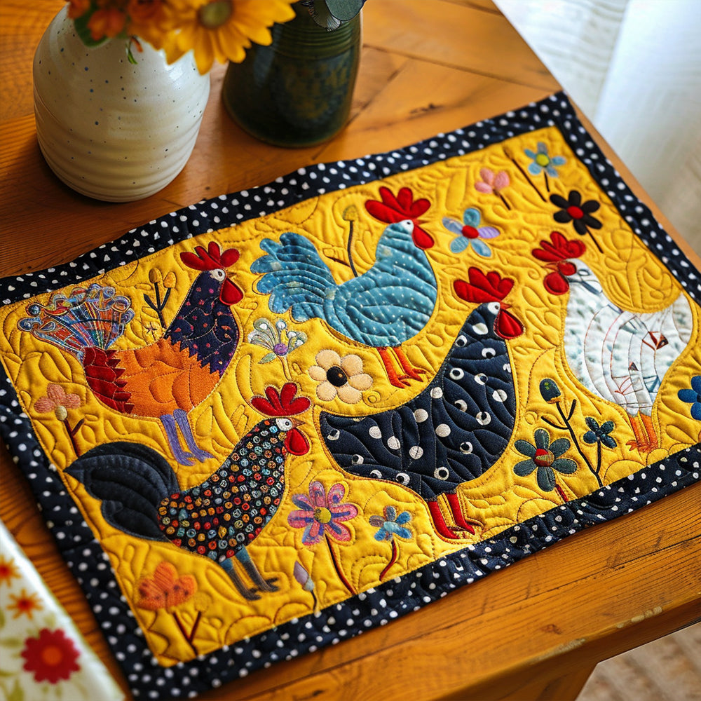 Vibrant Floral Chicken quilted placemats – hens on yellow