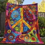 Patchwork Peace Flowers quilted throw – floral peace sign with little peace symbols