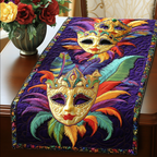 Golden Carnival Masks quilted table runner – golden masks with feathers
