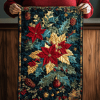Poinsettia and Pinecone quilted table runner – poinsettias and pinecones on navy