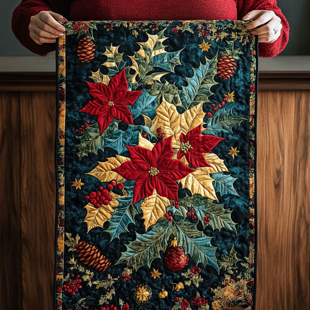 Poinsettia and Pinecone quilted table runner – poinsettias and pinecones on navy