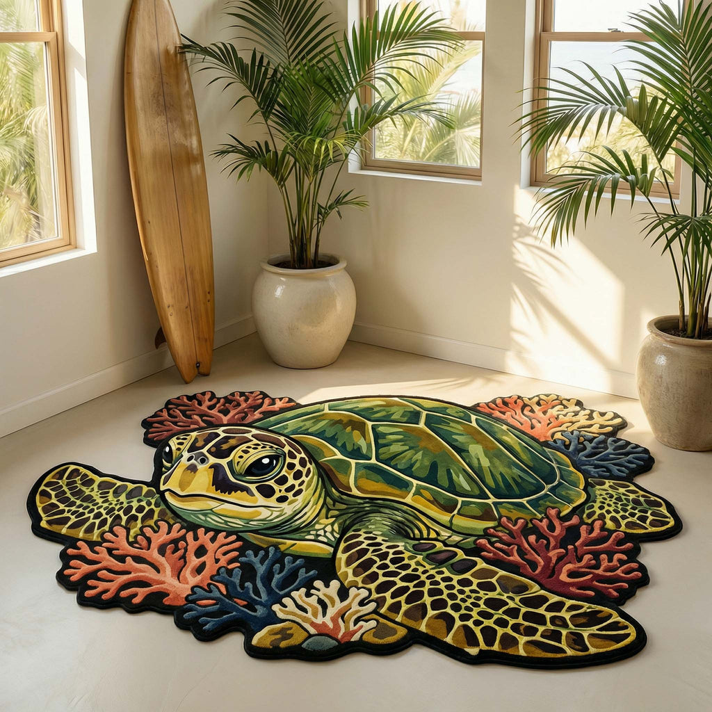 Vibrant Turtle shaped rug – turtle and coral
