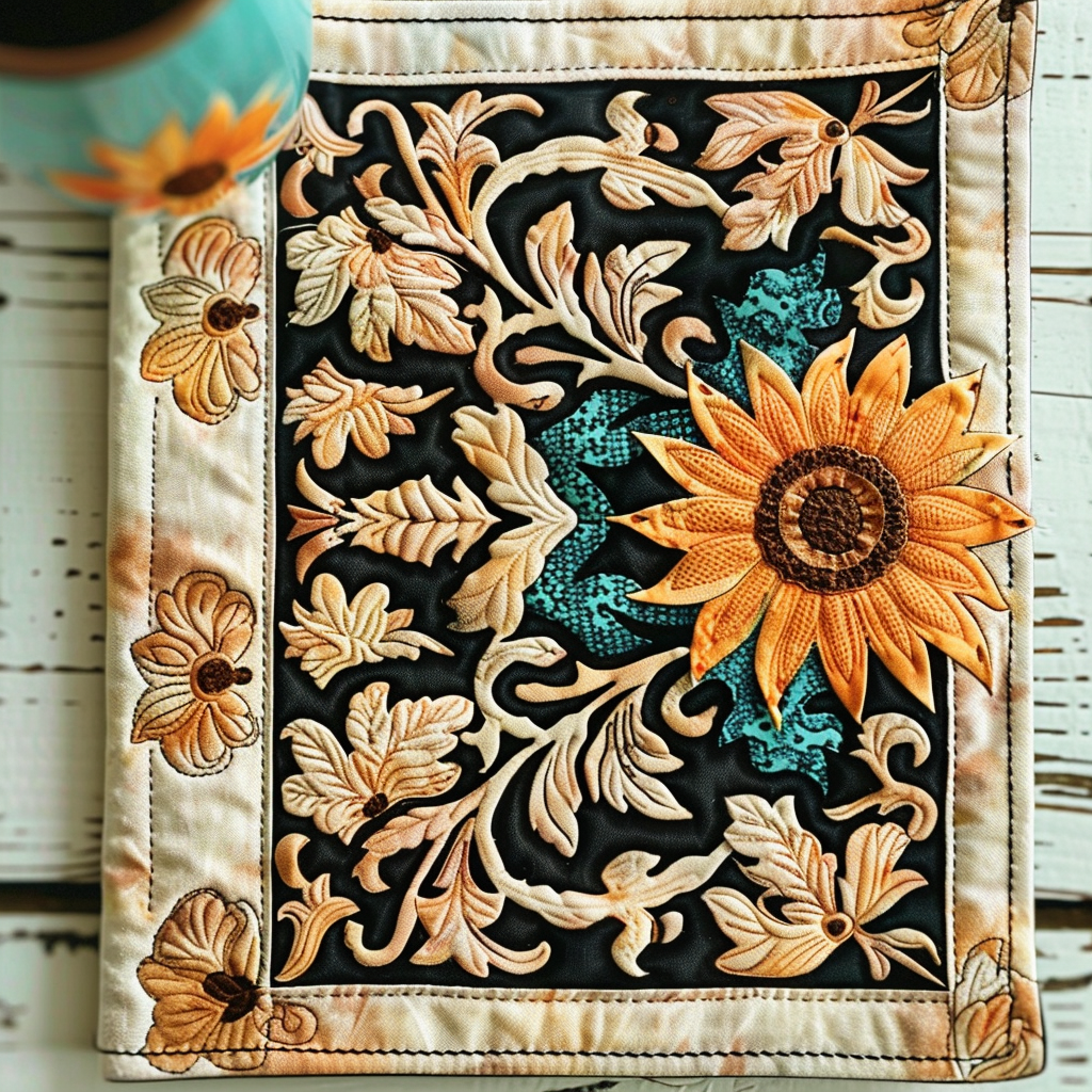 Baroque Sunflowers quilted placemats – sunflowers and scrolls
