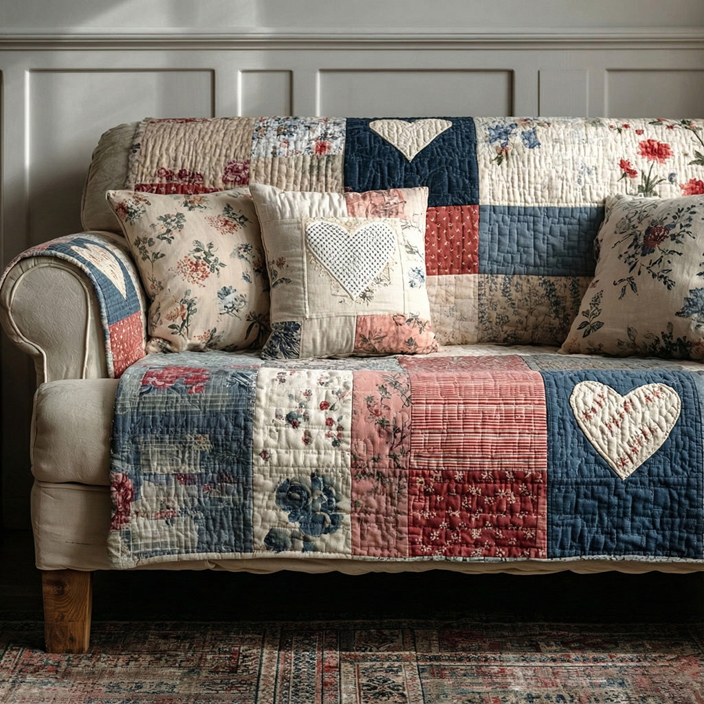 Retro Floral Heart quilted sofa cover in faded blue, dusky rose and cream florals and ticking stripes with a cream heart applique