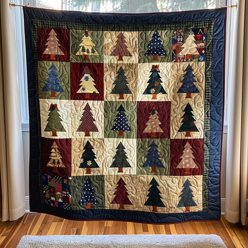 Vintage Christmas Trees quilted throw – little Christmas trees in patchwork squares