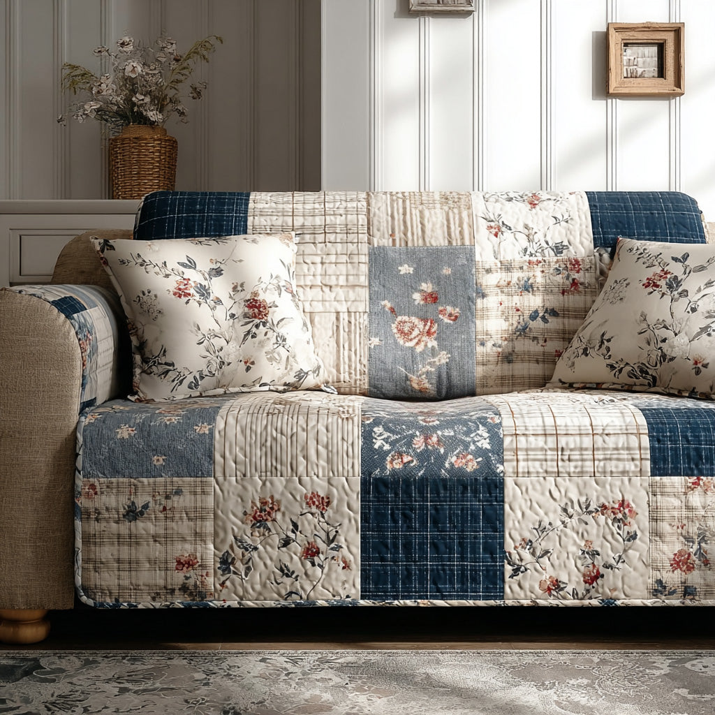 Indigo Patchwork quilted sofa cover with indigo and cream squares of vintage florals, ginghams and ticking stripes