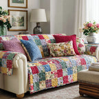 Summer Scrapbook quilted sofa cover with hundreds of small red, blue, yellow and green squares and floral panels