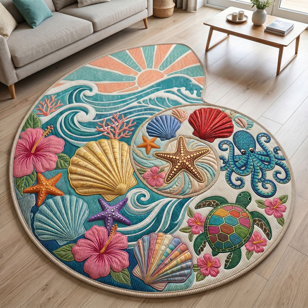 Velvet Nautilus Garden shaped rug – coastal sunrise scene