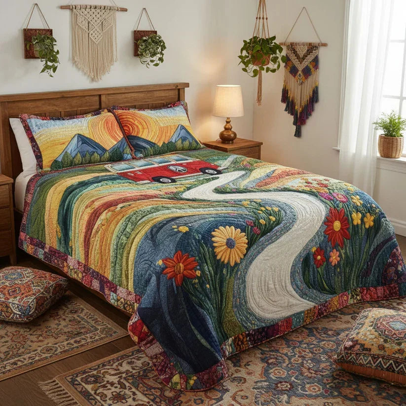 The Vintage Wanderlust quilted bedspread set on a made bed