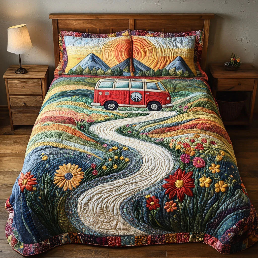 Quilted bedspread set with layered old maps, compasses and hot air balloons in faded parchment and ink blue, the Vintage Wanderlust design
