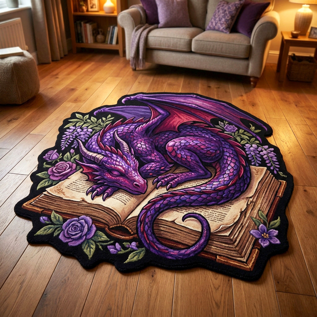 Violet Spell shaped rug – dragon asleep on a book