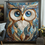 Wide-Eyed Owl quilted throw – big-eyed owl in feathered patchwork