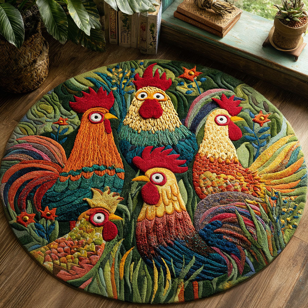 Whimsical Roosters round rug – roosters among grasses