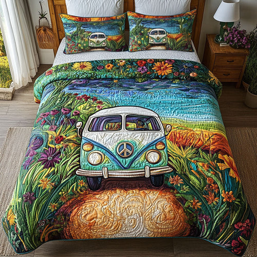 Camper Van Meadow quilted bedspread set – teal camper van through a wildflower meadow