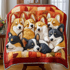 Corgi Puppy Pile quilted throw – corgi puppies snuggled on red patchwork