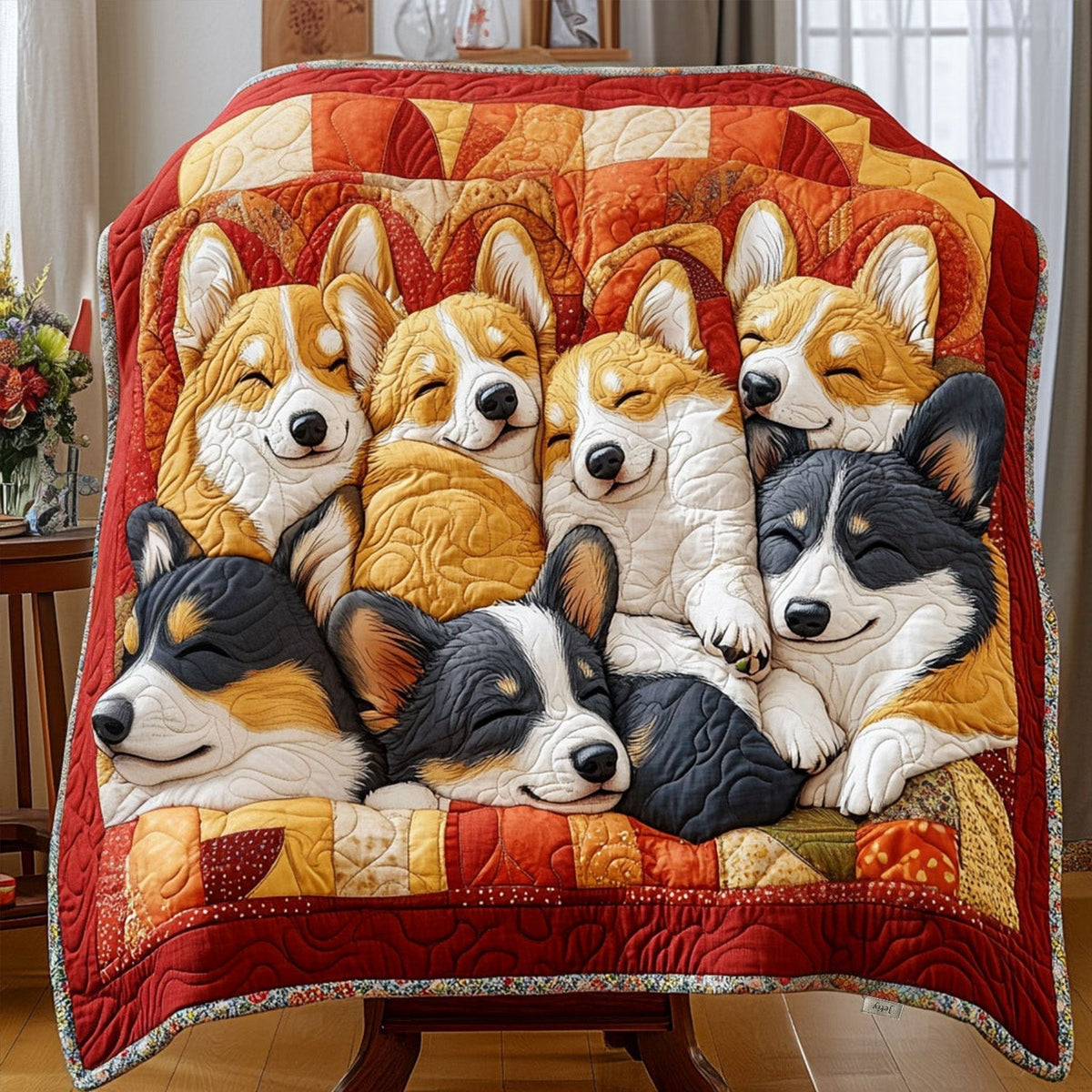 Corgi Puppy Pile quilted throw – corgi puppies snuggled on red patchwork