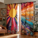 Sunburst Patchwork quilted curtains – sun above rainbow patchwork