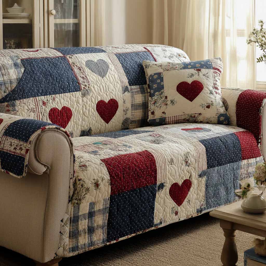 Country Heart Squares quilted sofa cover – red hearts in navy patchwork