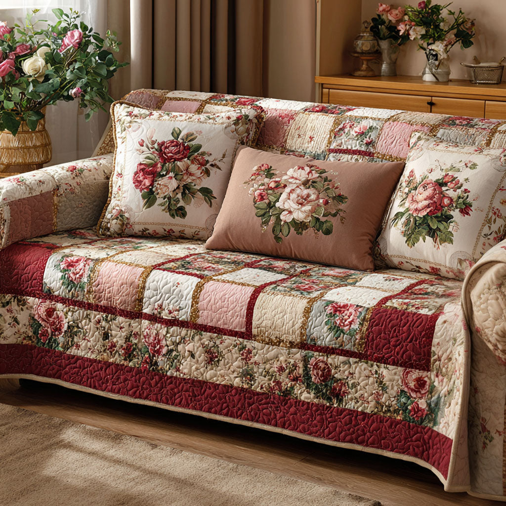 English Rose quilted sofa cover with full-blown roses in dusky pink and cream on patchwork squares with a burgundy border