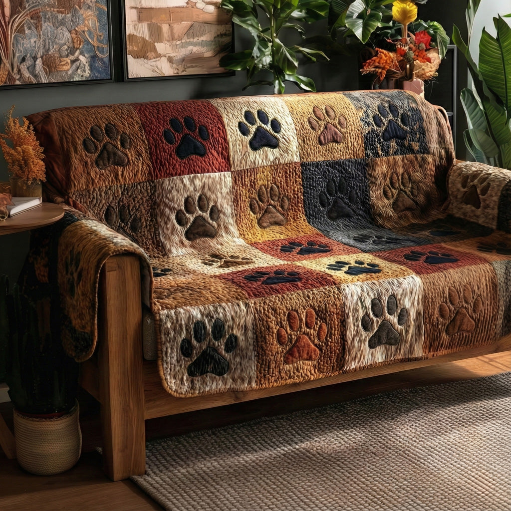 Warm Paws quilted sofa cover with rust, old gold, chestnut, cream and denim squares carrying large paw prints