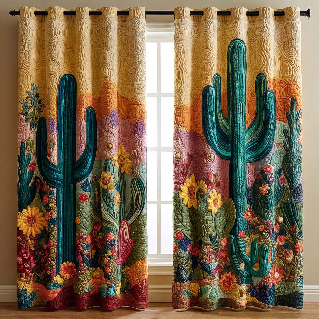 Saguaro Flower Border quilted curtains – saguaros among flowers