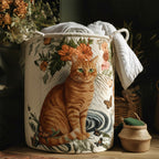 Ginger Garden Cat quilted laundry basket – ginger cat among flowers