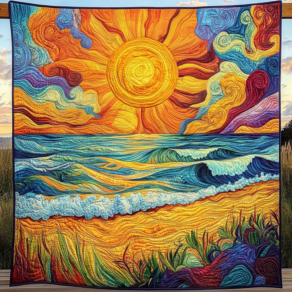 Painted Sunset Shore quilted throw – swirling sun over waves and golden grasses