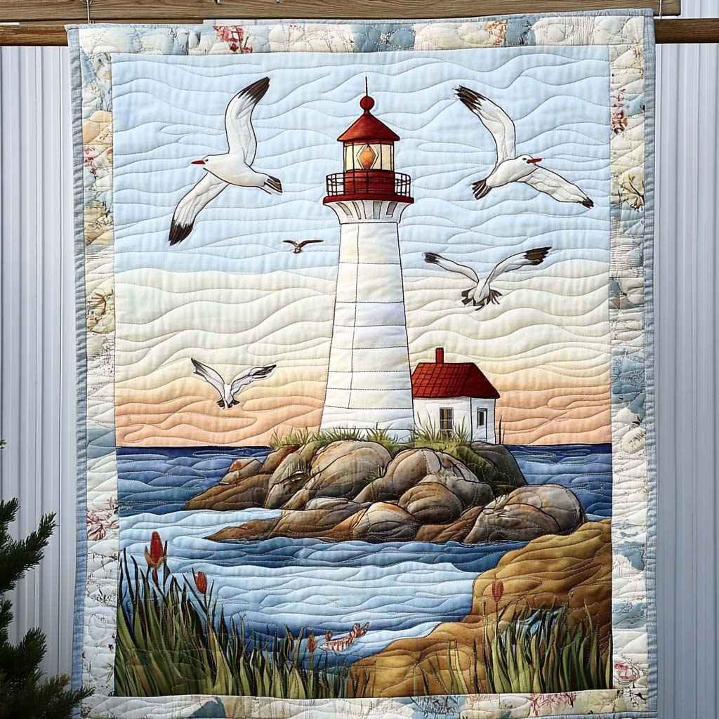 Lighthouse and Seagulls quilted throw – lighthouse on a rocky island with seagulls