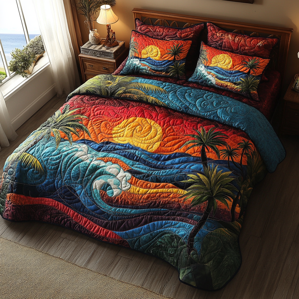 Painted Sunset Waves quilted bedspread set – swirling waves beneath a fiery sunset