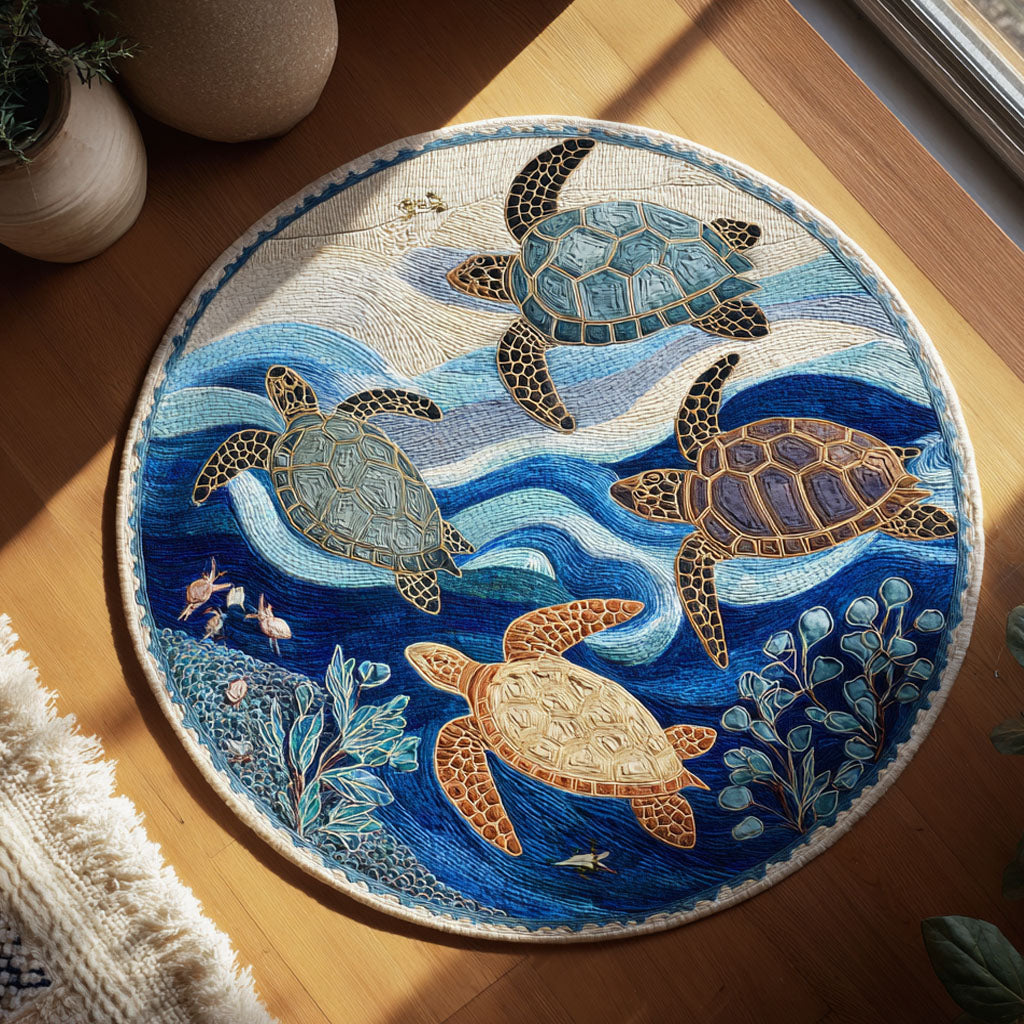 Serenity Waves round rug – turtles in stylised waves