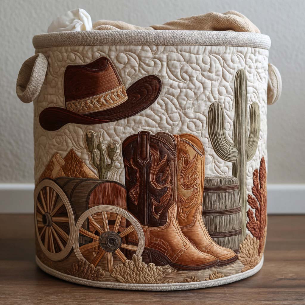 Quilted laundry basket with horses, cacti and a desert horizon in rust and sand in the Western Spirit design