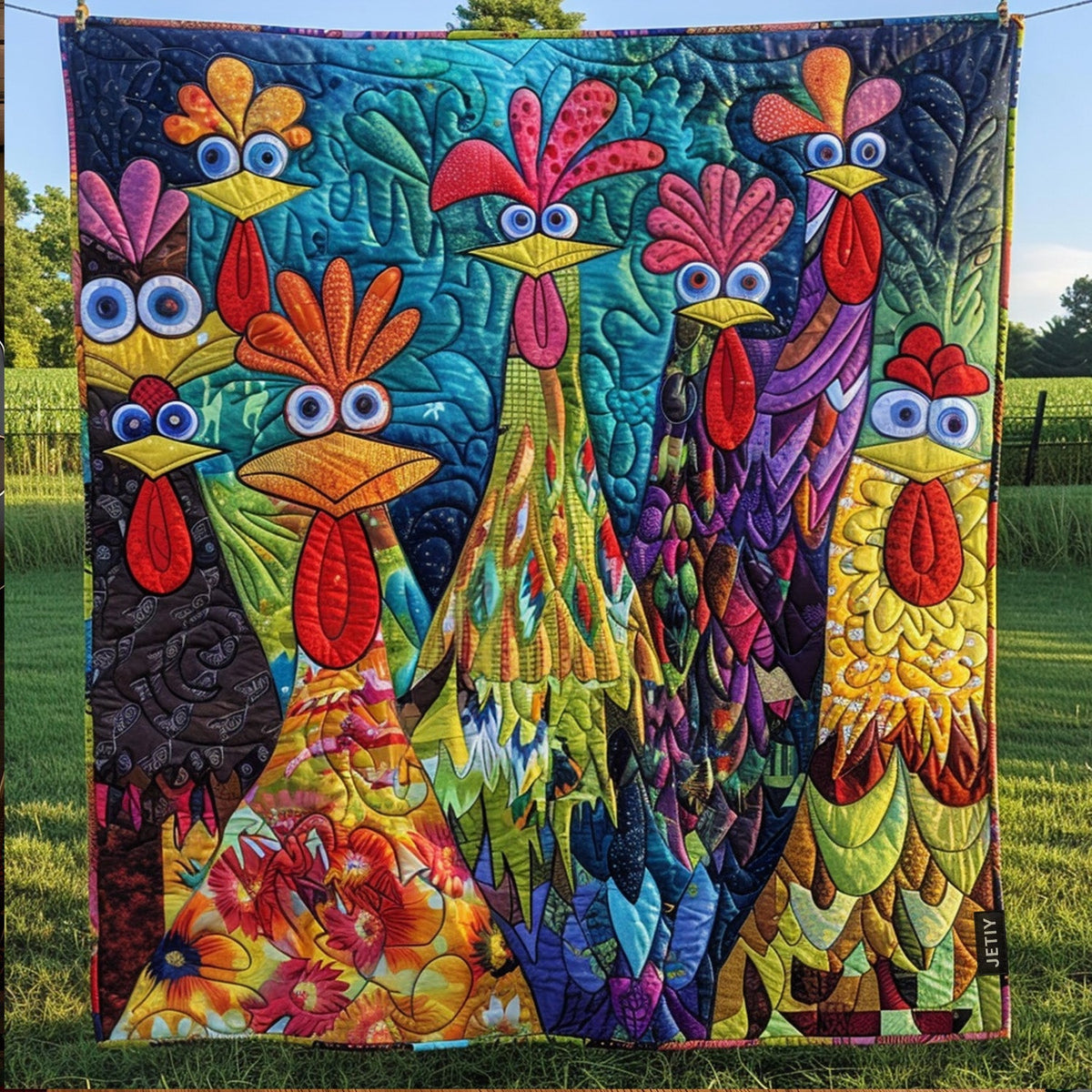 Wild Feather Chickens quilted throw – chickens with wild colourful feathers