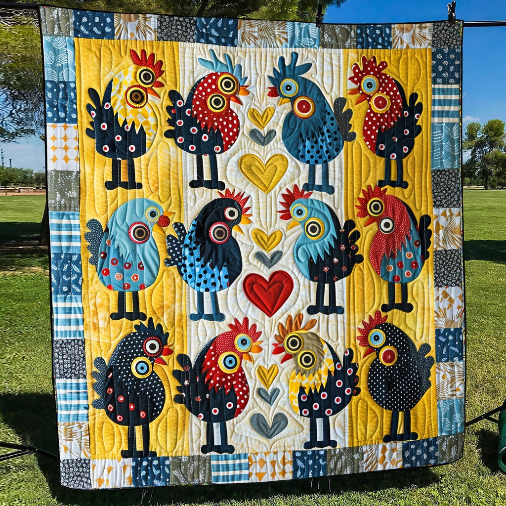 Folk Chicks and Hearts quilted throw – folk art chicks with hearts on yellow