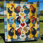 Folk Chicks and Hearts quilted throw – folk art chicks with hearts on yellow