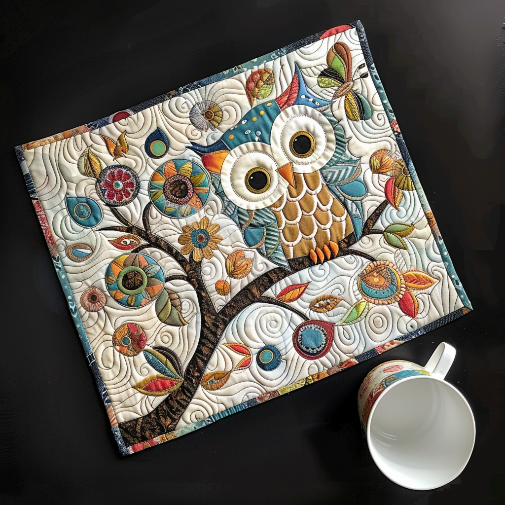 Whimsical Owl quilted placemats – patterned owl on branch
