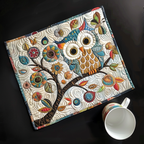 Whimsical Owl quilted placemats – patterned owl on branch