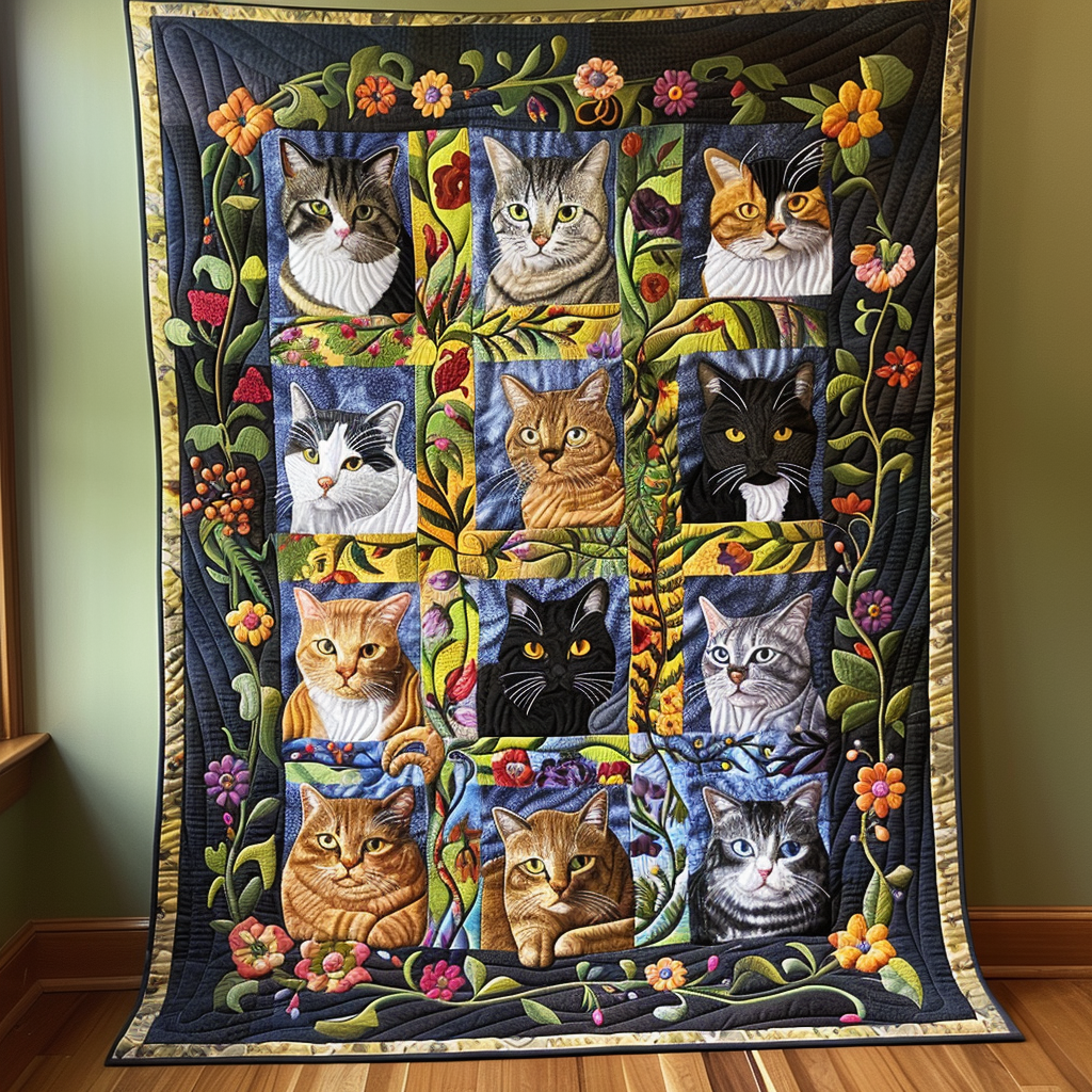 Cats in the Flower Frame quilted throw – cats in squares with a floral border